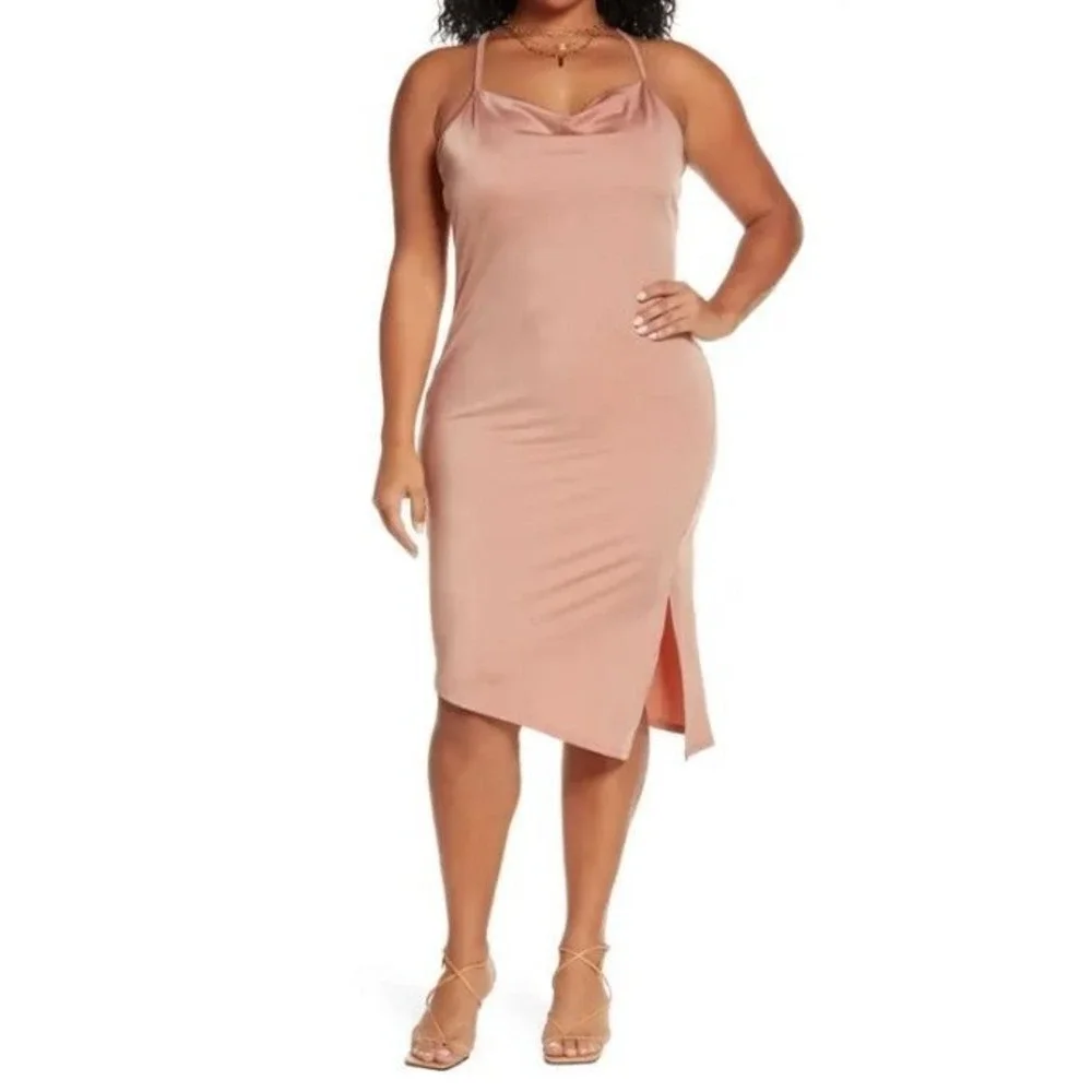 Open Edit‎ Women's Lamé Drape Sleeveless Side Slit Midi Dress in Pink Adobe 1X